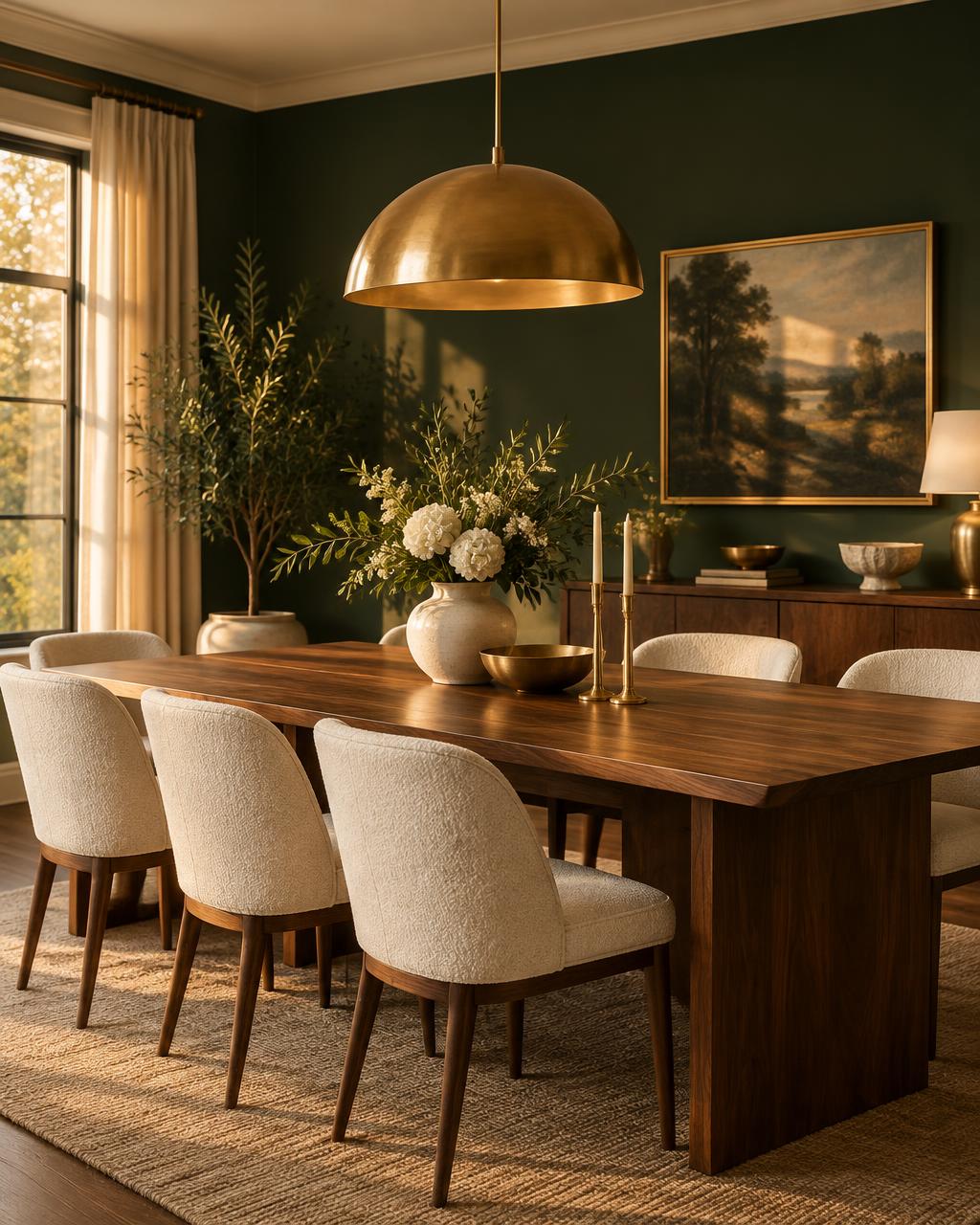 Ambiente ilustrativo de comedor en tonos verde, crema y madera cálida