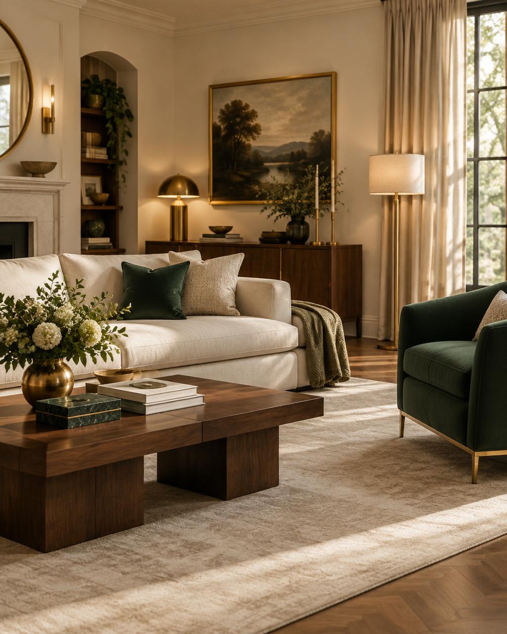 Ambiente ilustrativo de sala cálida con sofá crema, mesa de madera y sillón verde