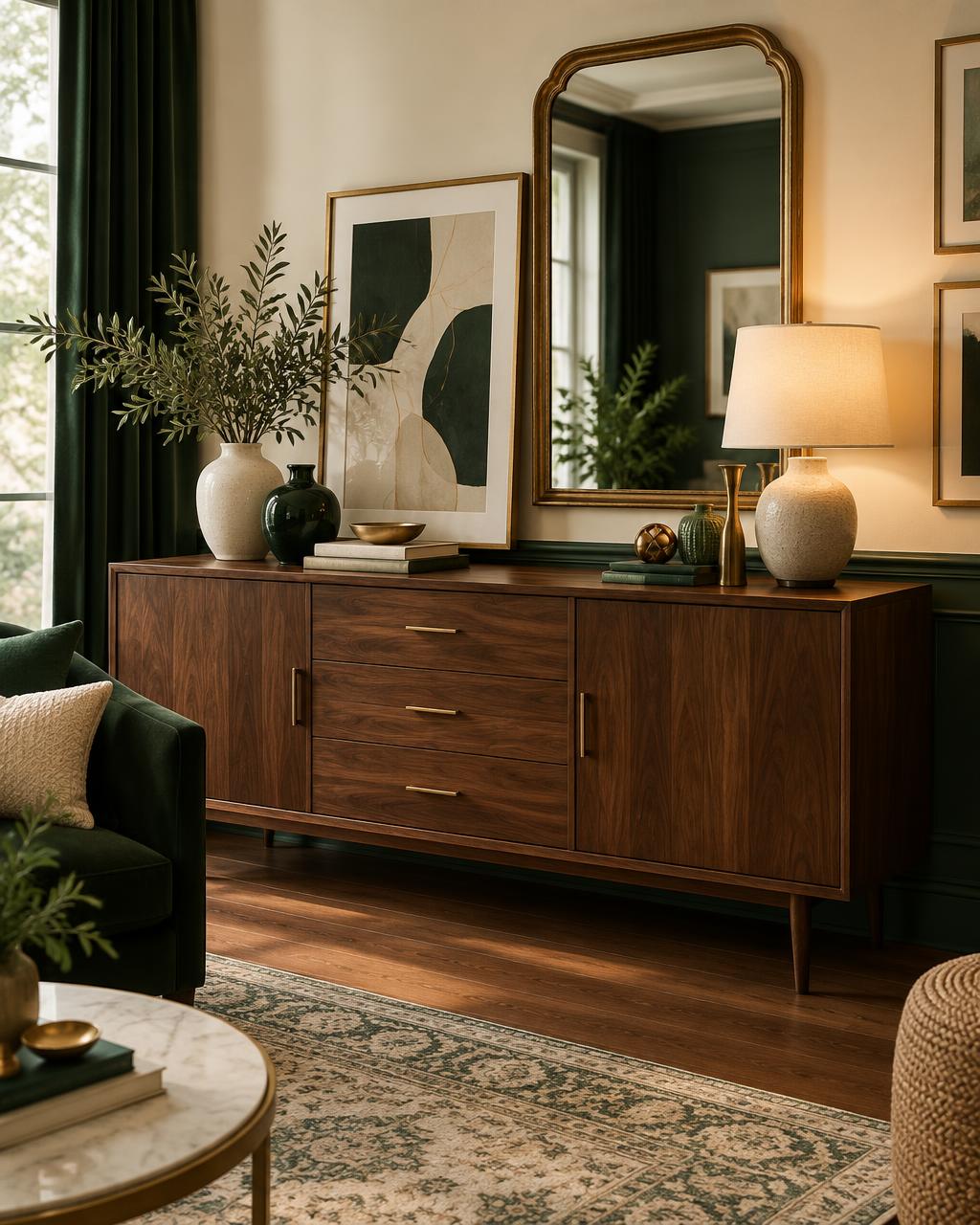 Ambiente ilustrativo de rincón acogedor con cómoda de madera, espejo dorado y jarrones