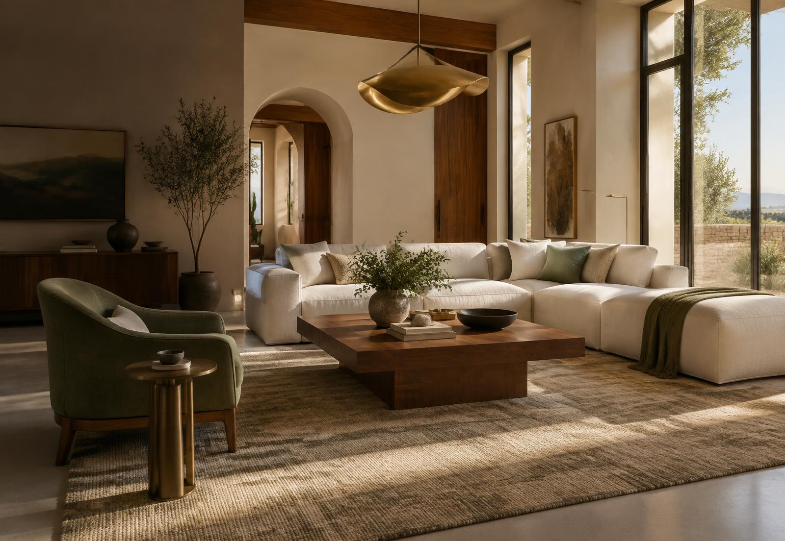 Ambiente ilustrativo de sala contemporánea con muebles en tonos cálidos